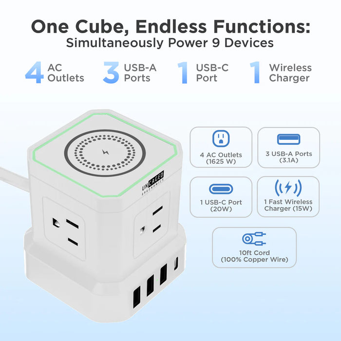 uncaged Ergonomics Cube Surge Protector wireless Power Strip with USB Ports 10ft Cable