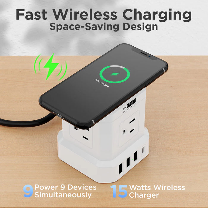 uncaged Ergonomics Cube Surge Protector wireless Power Strip with USB Ports 10ft Cable
